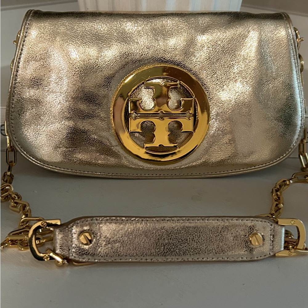 Tory Burch Gold Metallic Leather Reva Clutch NWOT
